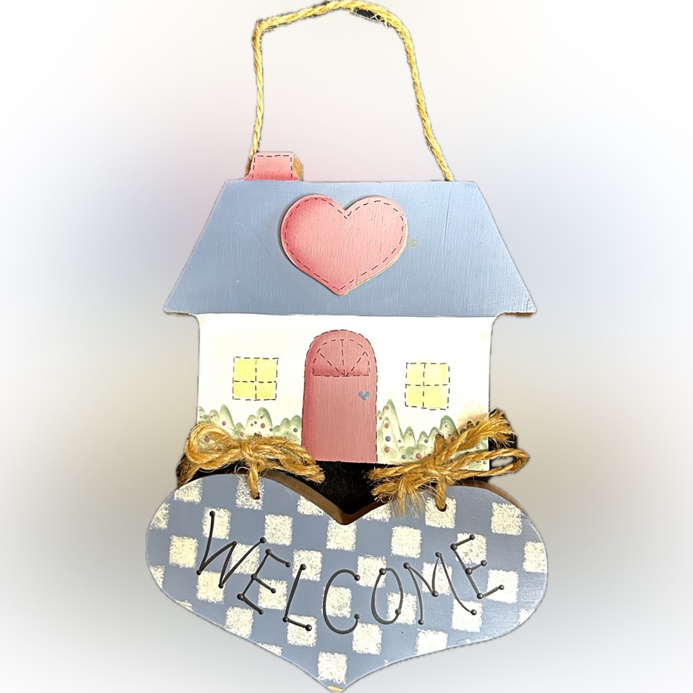 Vintage Handmade Welcome Sign Rustic “Heart House” Wooden Wall Hanging 1994